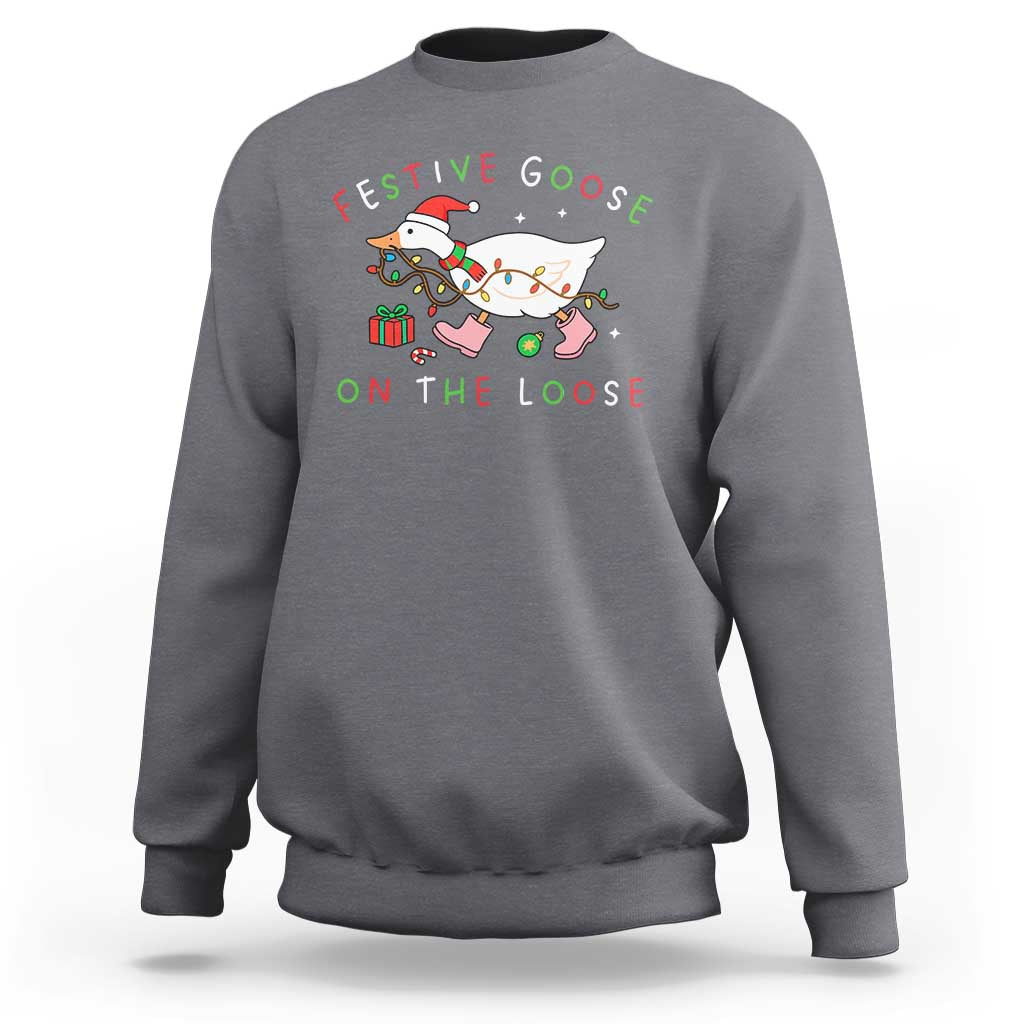 Funny Christmas Goose Sweatshirt Festive Goose On The Loose Xmas Duck Meme - Wonder Print Shop