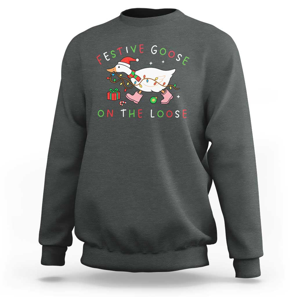 Funny Christmas Goose Sweatshirt Festive Goose On The Loose Xmas Duck Meme - Wonder Print Shop
