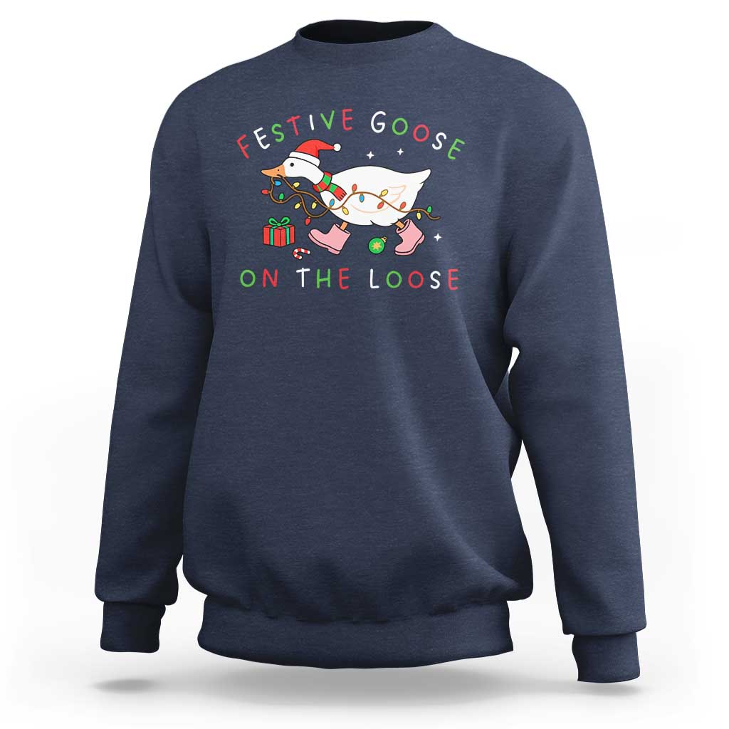 Funny Christmas Goose Sweatshirt Festive Goose On The Loose Xmas Duck Meme - Wonder Print Shop