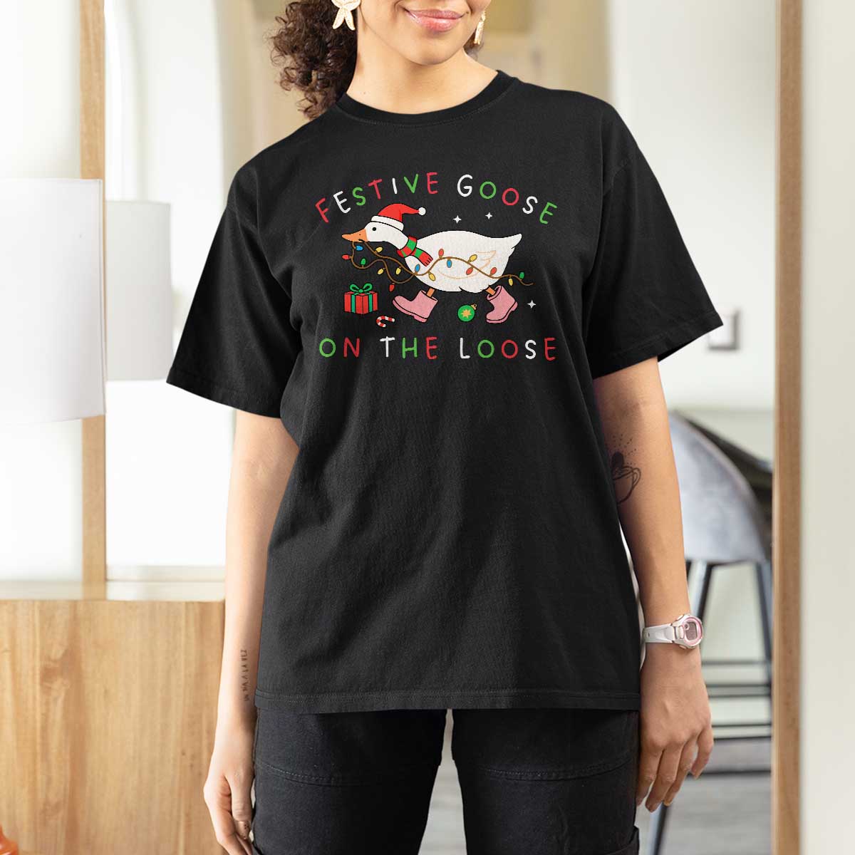 Funny Christmas Goose T Shirt For Women Festive Goose On The Loose Xmas Duck Meme - Wonder Print Shop