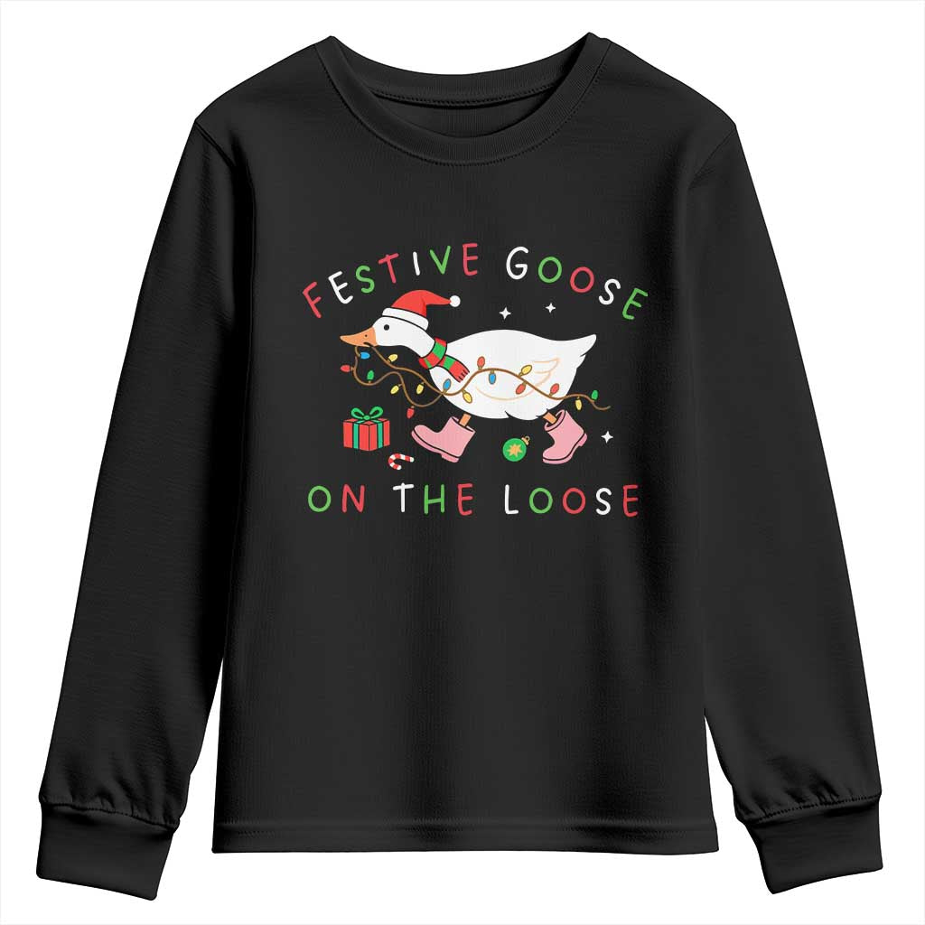 Funny Christmas Goose Youth Sweatshirt Festive Goose On The Loose Xmas Duck Meme - Wonder Print Shop