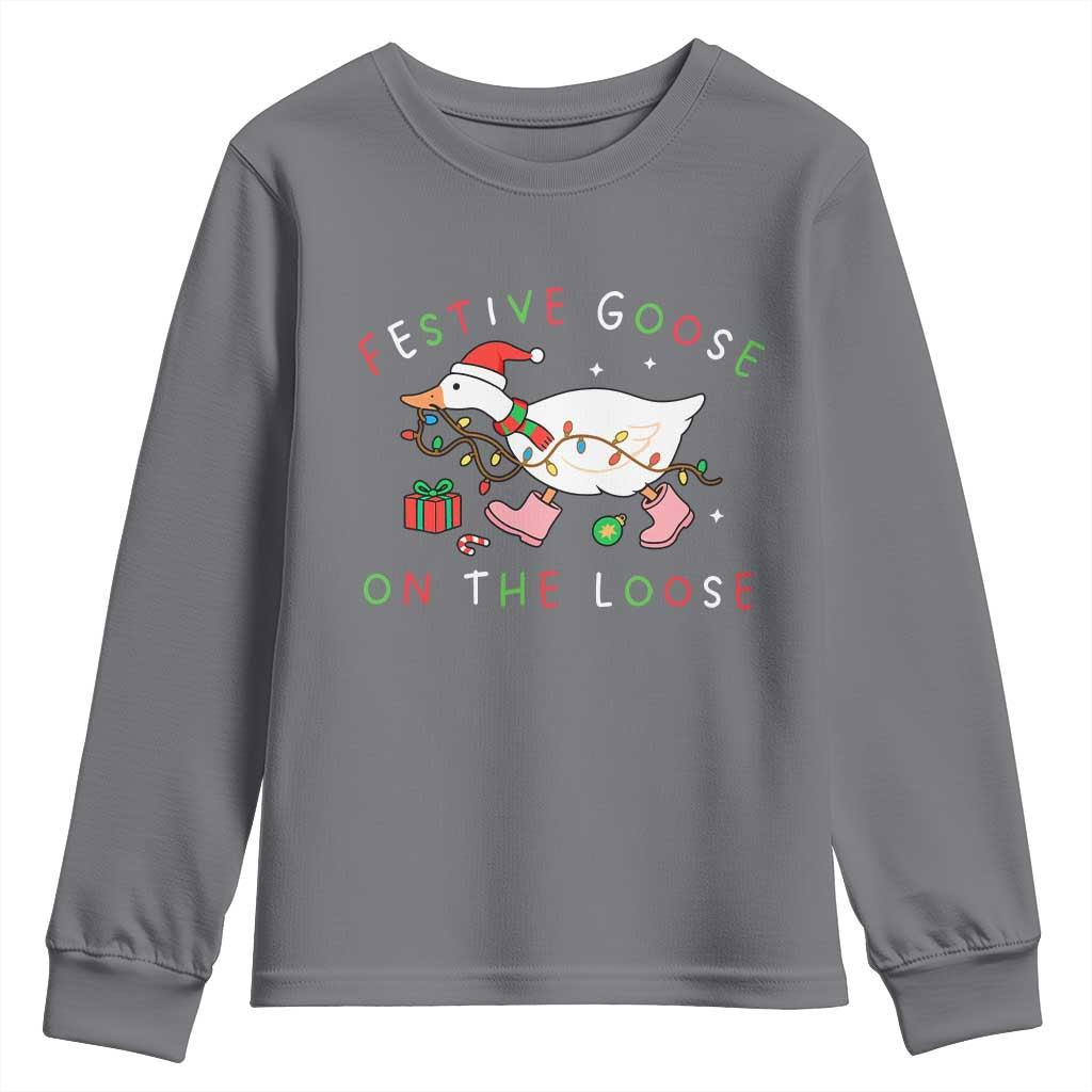 Funny Christmas Goose Youth Sweatshirt Festive Goose On The Loose Xmas Duck Meme - Wonder Print Shop