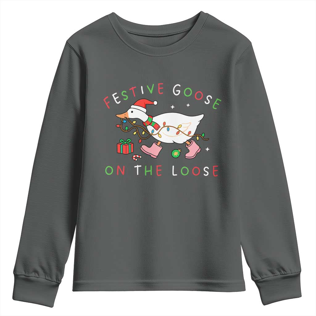 Funny Christmas Goose Youth Sweatshirt Festive Goose On The Loose Xmas Duck Meme - Wonder Print Shop