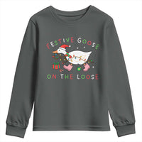 Funny Christmas Goose Youth Sweatshirt Festive Goose On The Loose Xmas Duck Meme - Wonder Print Shop