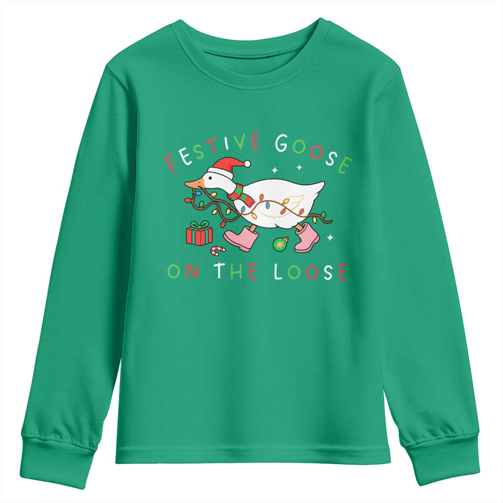 Funny Christmas Goose Youth Sweatshirt Festive Goose On The Loose Xmas Duck Meme - Wonder Print Shop