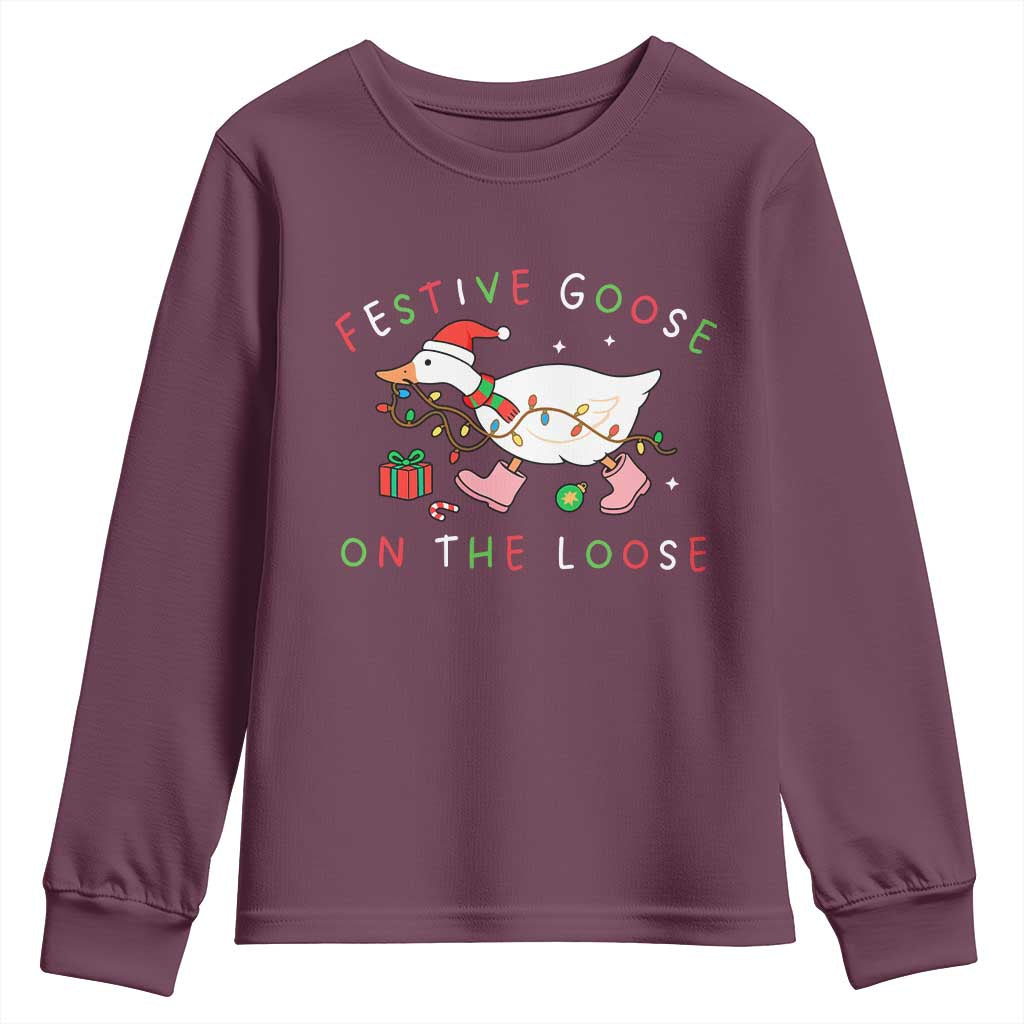 Funny Christmas Goose Youth Sweatshirt Festive Goose On The Loose Xmas Duck Meme - Wonder Print Shop