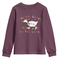 Funny Christmas Goose Youth Sweatshirt Festive Goose On The Loose Xmas Duck Meme - Wonder Print Shop