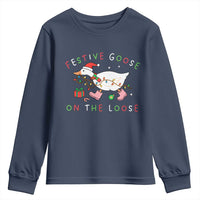 Funny Christmas Goose Youth Sweatshirt Festive Goose On The Loose Xmas Duck Meme - Wonder Print Shop