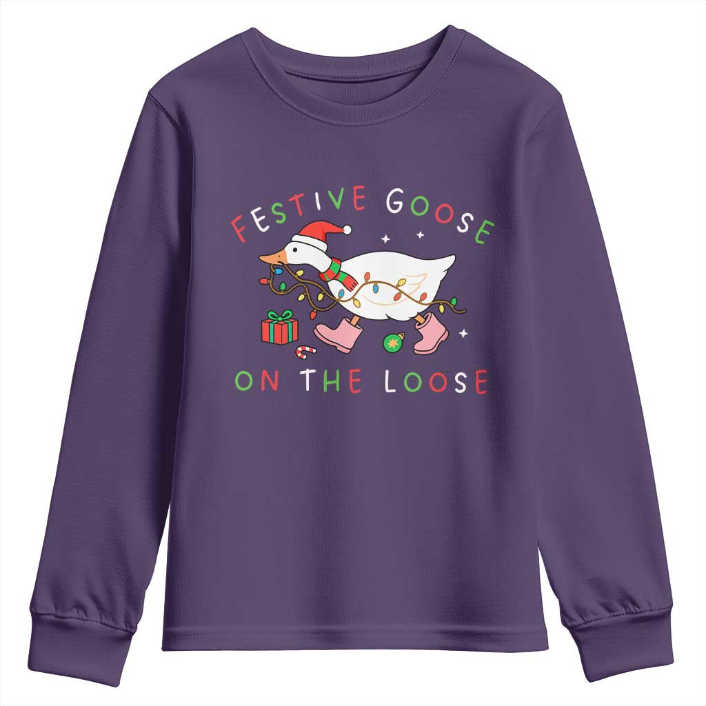 Funny Christmas Goose Youth Sweatshirt Festive Goose On The Loose Xmas Duck Meme - Wonder Print Shop