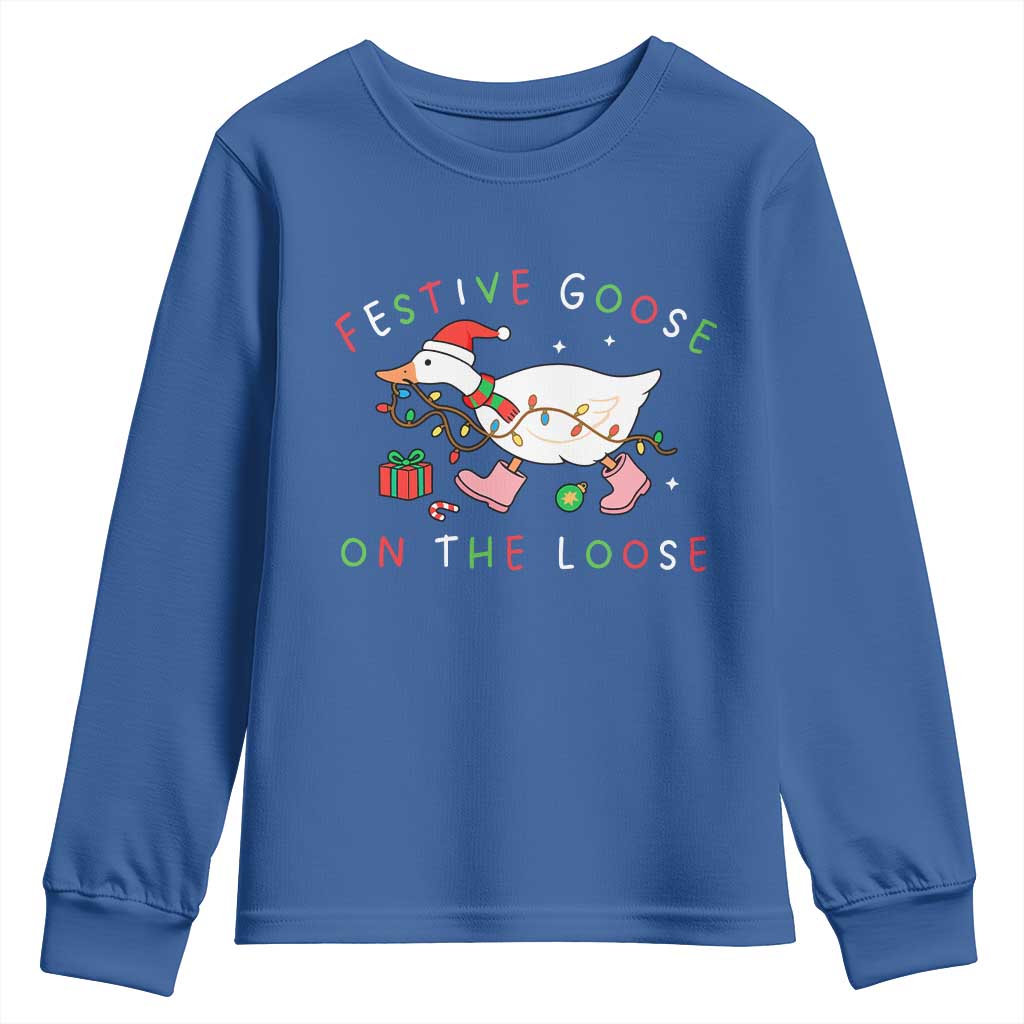 Funny Christmas Goose Youth Sweatshirt Festive Goose On The Loose Xmas Duck Meme - Wonder Print Shop