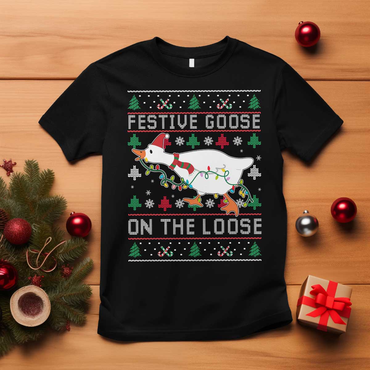 Funny Goose Ugly Christmas T Shirt Festive Goose On The Loose - Wonder Print Shop