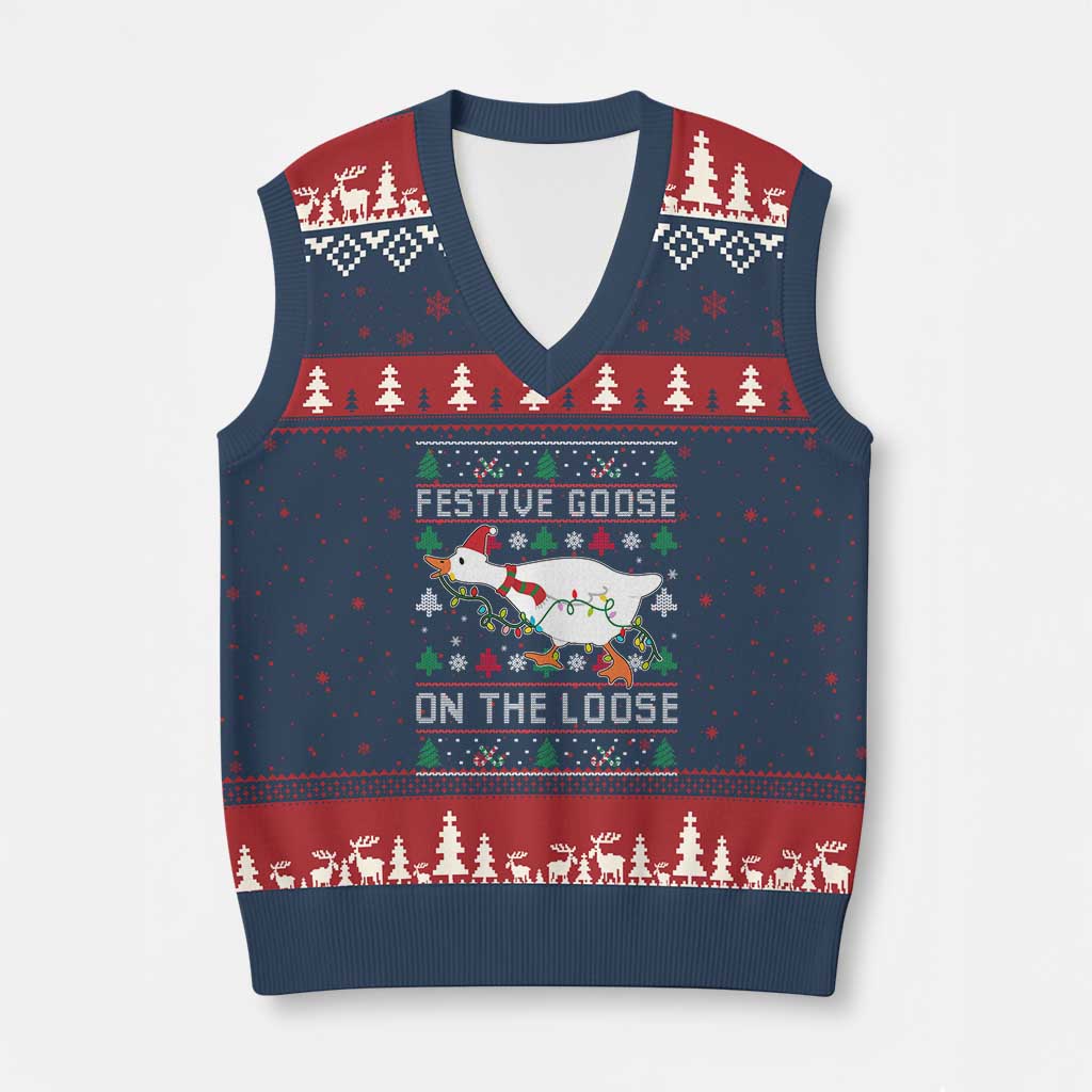 Funny Goose Ugly Xmas V-Neck Knit Sweater Vest Festive Goose On The Loose - Wonder Print Shop
