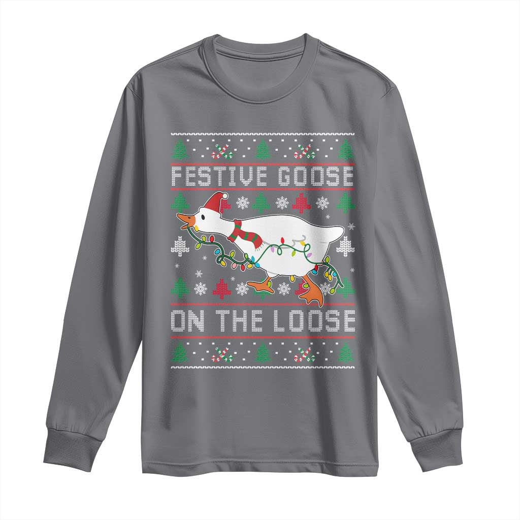 Funny Goose Ugly Christmas Long Sleeve Shirt Festive Goose On The Loose - Wonder Print Shop