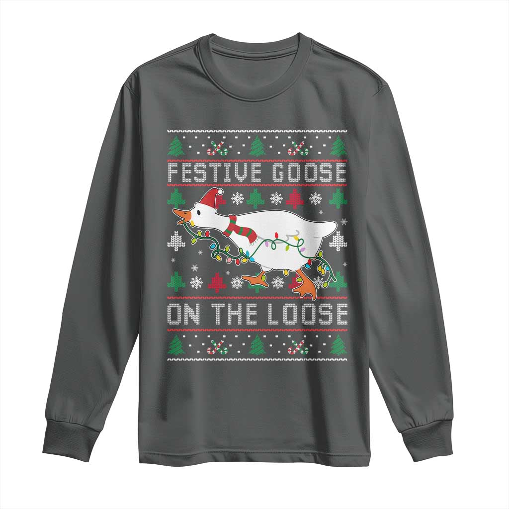 Funny Goose Ugly Christmas Long Sleeve Shirt Festive Goose On The Loose - Wonder Print Shop