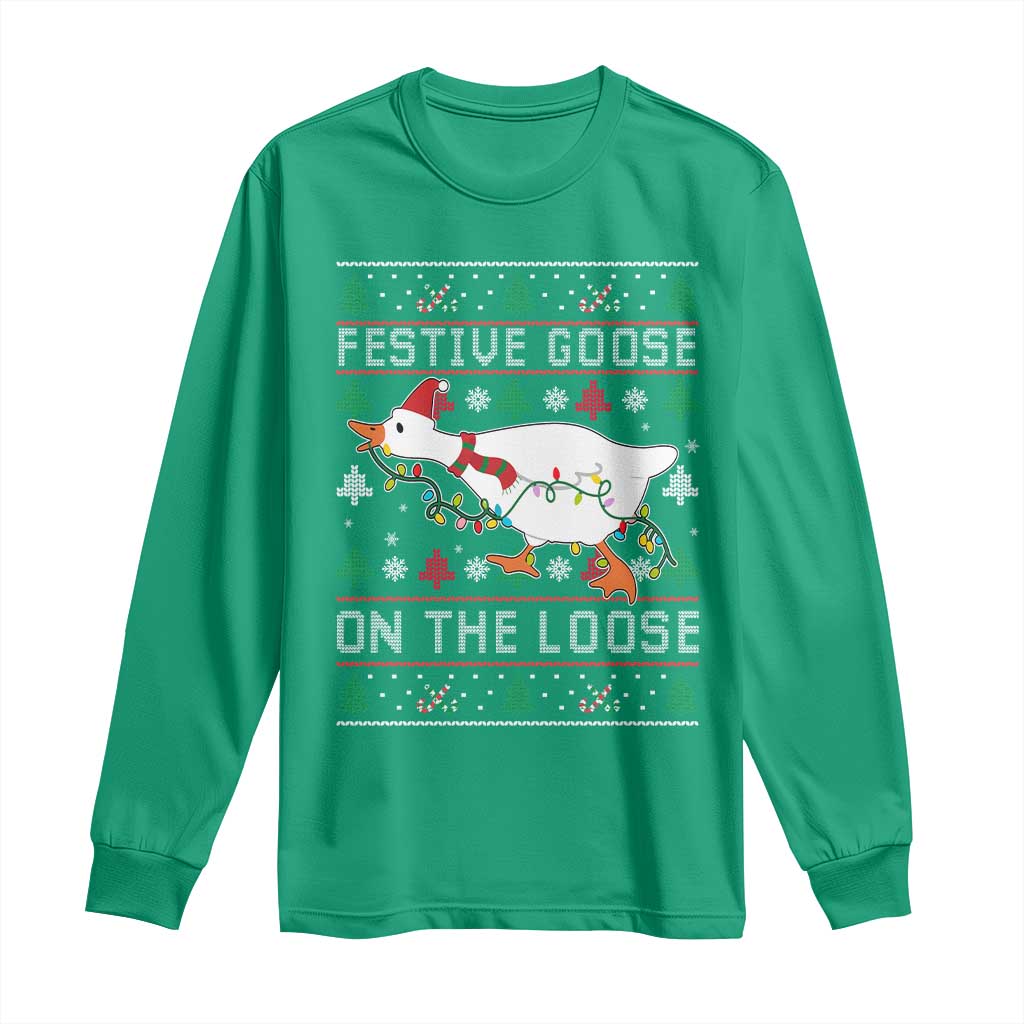 Funny Goose Ugly Christmas Long Sleeve Shirt Festive Goose On The Loose - Wonder Print Shop