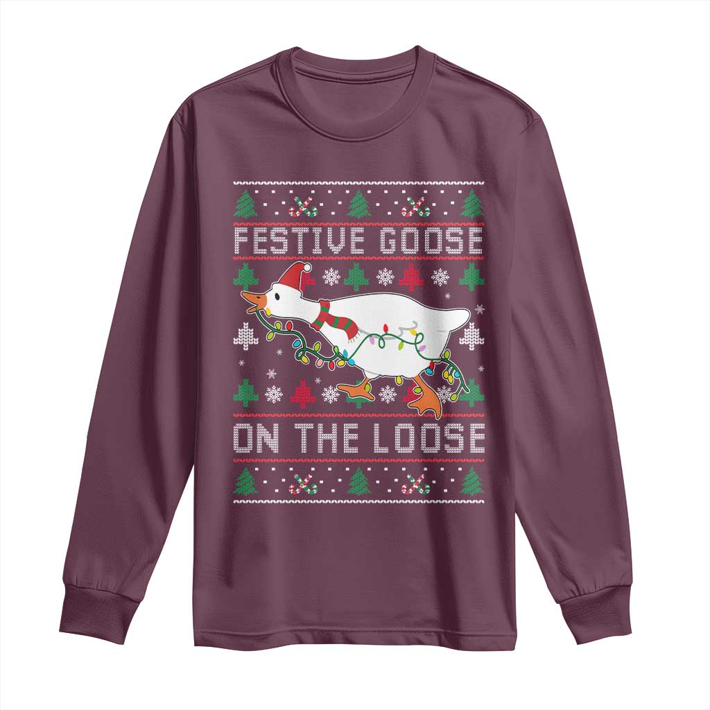 Funny Goose Ugly Christmas Long Sleeve Shirt Festive Goose On The Loose - Wonder Print Shop