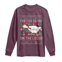 Funny Goose Ugly Christmas Long Sleeve Shirt Festive Goose On The Loose - Wonder Print Shop