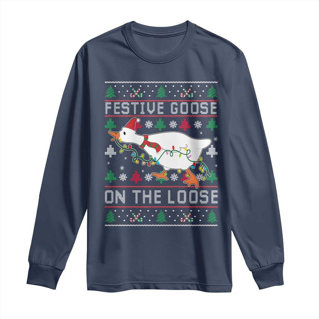 Funny Goose Ugly Christmas Long Sleeve Shirt Festive Goose On The Loose - Wonder Print Shop