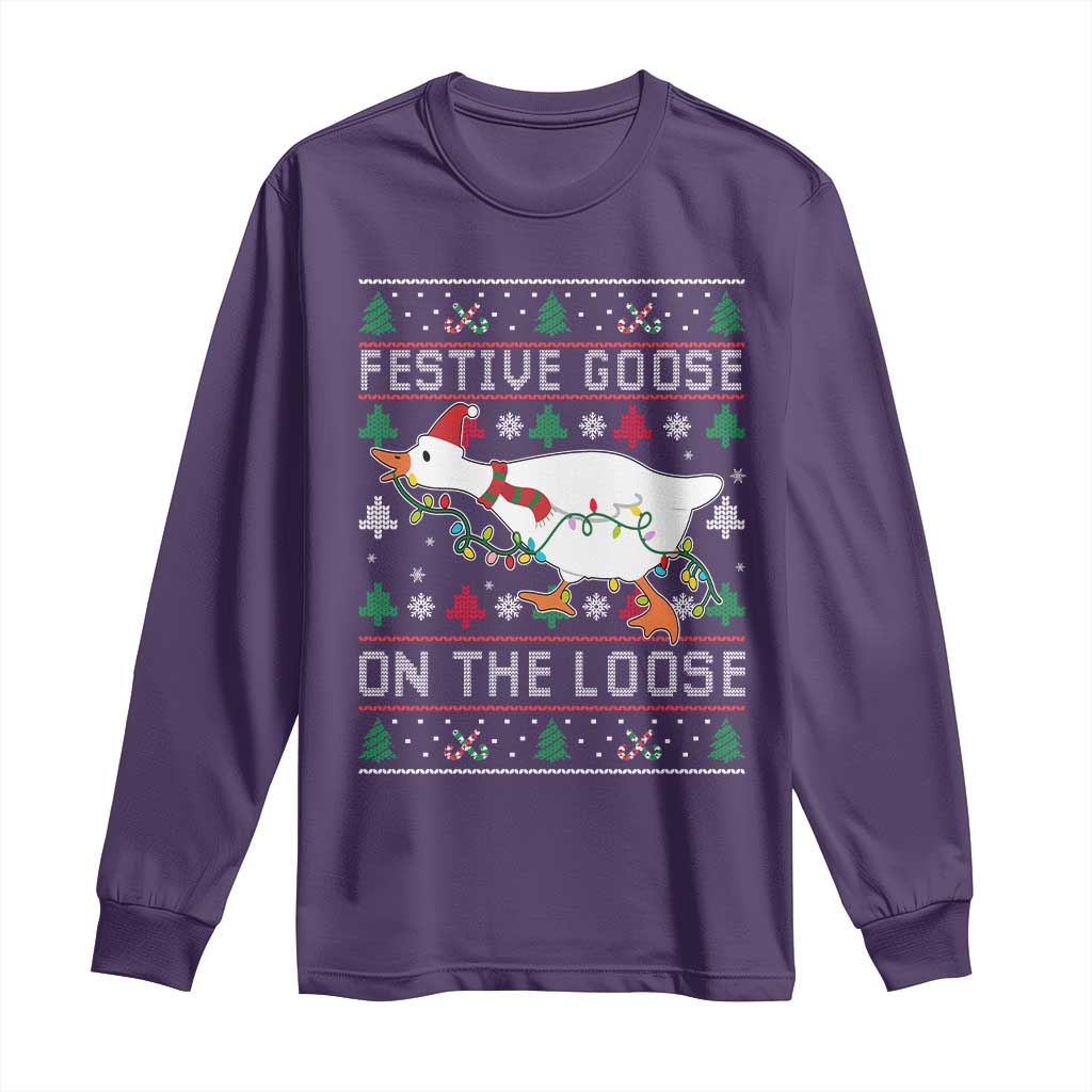 Funny Goose Ugly Christmas Long Sleeve Shirt Festive Goose On The Loose - Wonder Print Shop