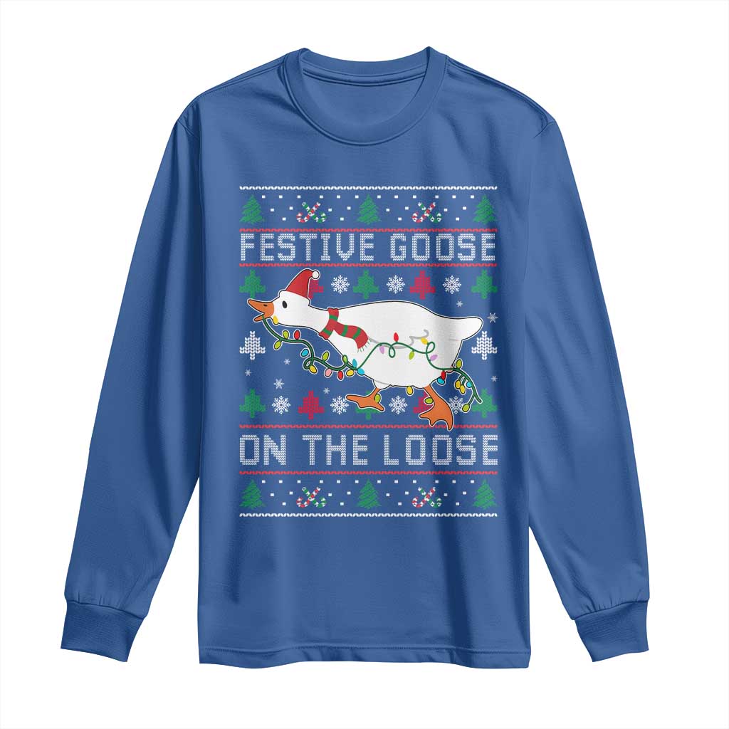 Funny Goose Ugly Christmas Long Sleeve Shirt Festive Goose On The Loose - Wonder Print Shop
