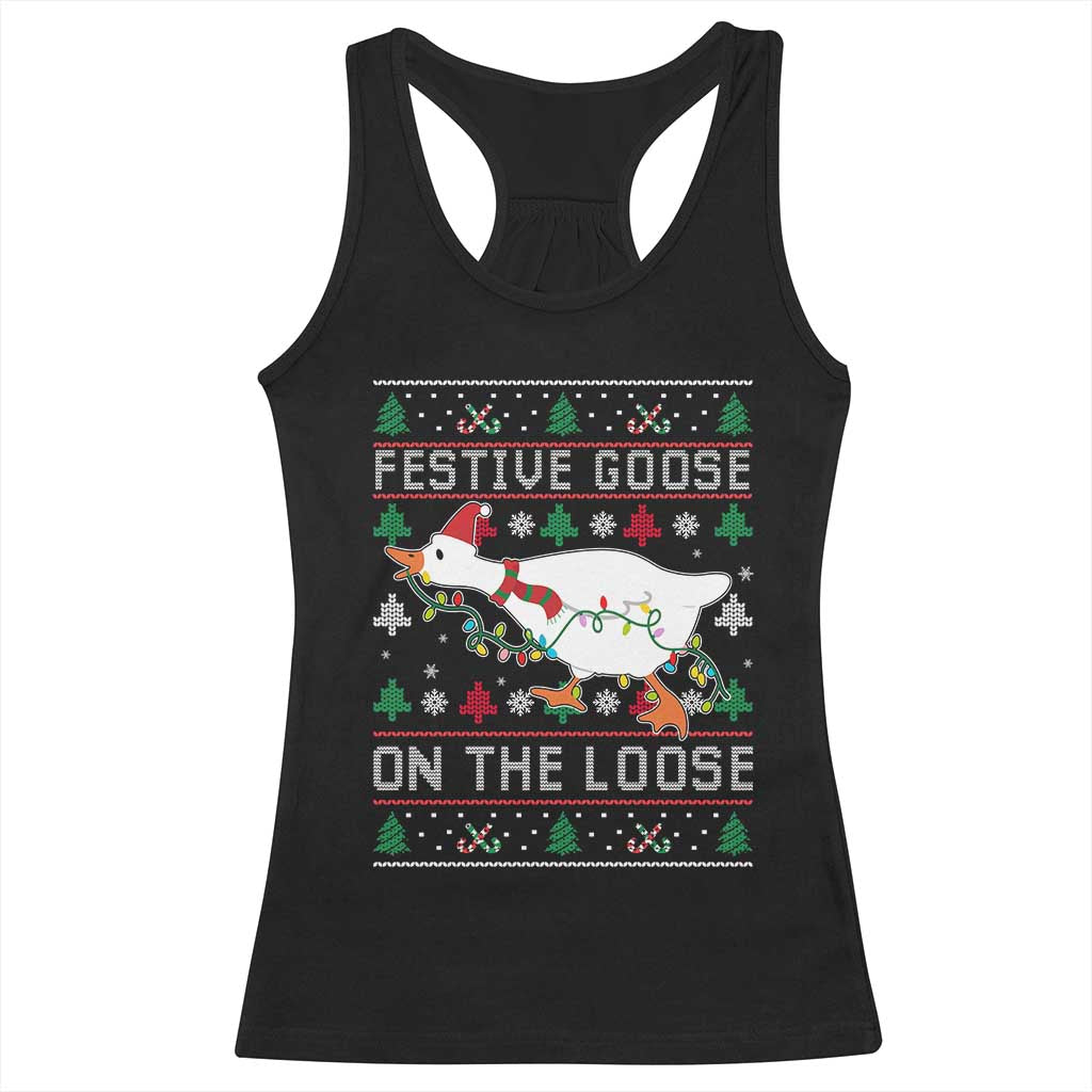 Funny Goose Ugly Christmas Racerback Tank Top Festive Goose On The Loose - Wonder Print Shop