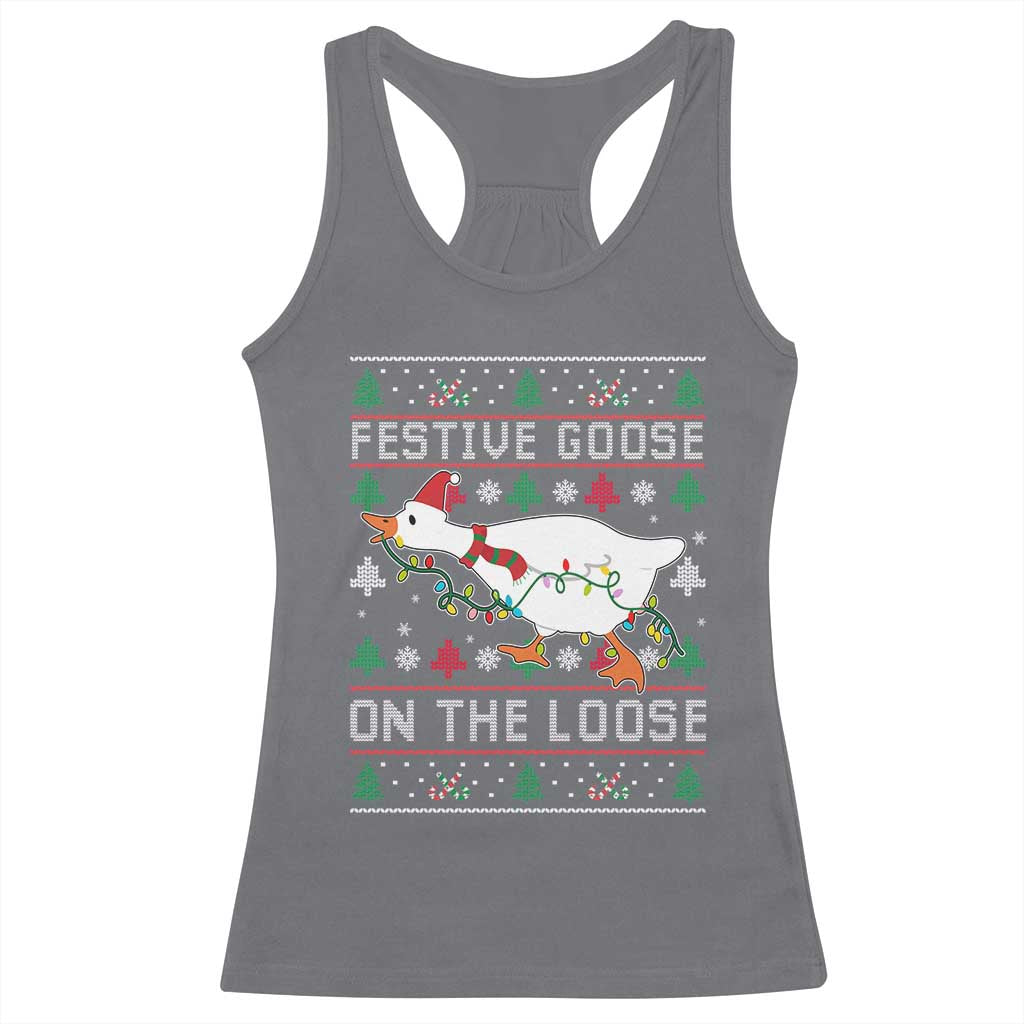 Funny Goose Ugly Christmas Racerback Tank Top Festive Goose On The Loose - Wonder Print Shop