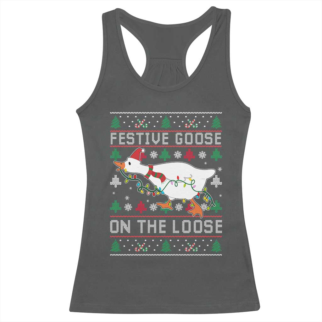 Funny Goose Ugly Christmas Racerback Tank Top Festive Goose On The Loose - Wonder Print Shop