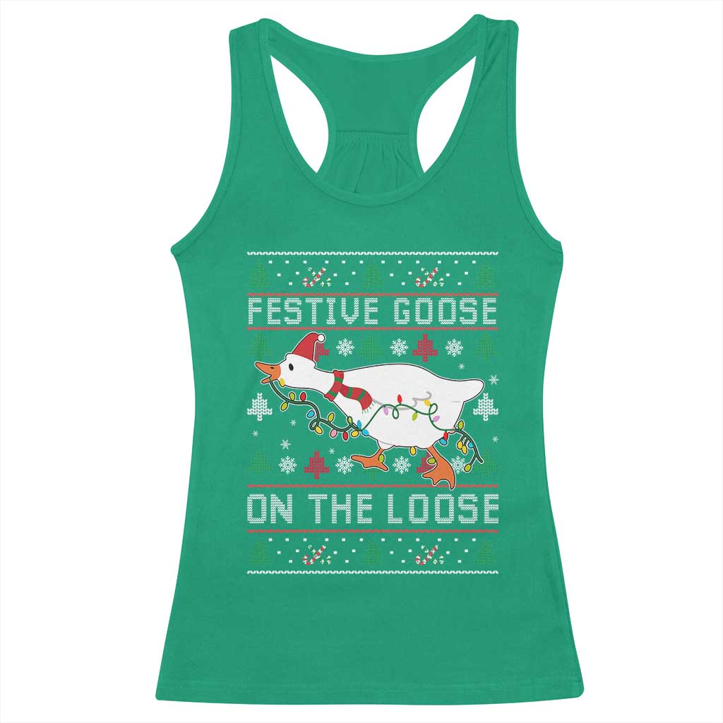 Funny Goose Ugly Christmas Racerback Tank Top Festive Goose On The Loose - Wonder Print Shop