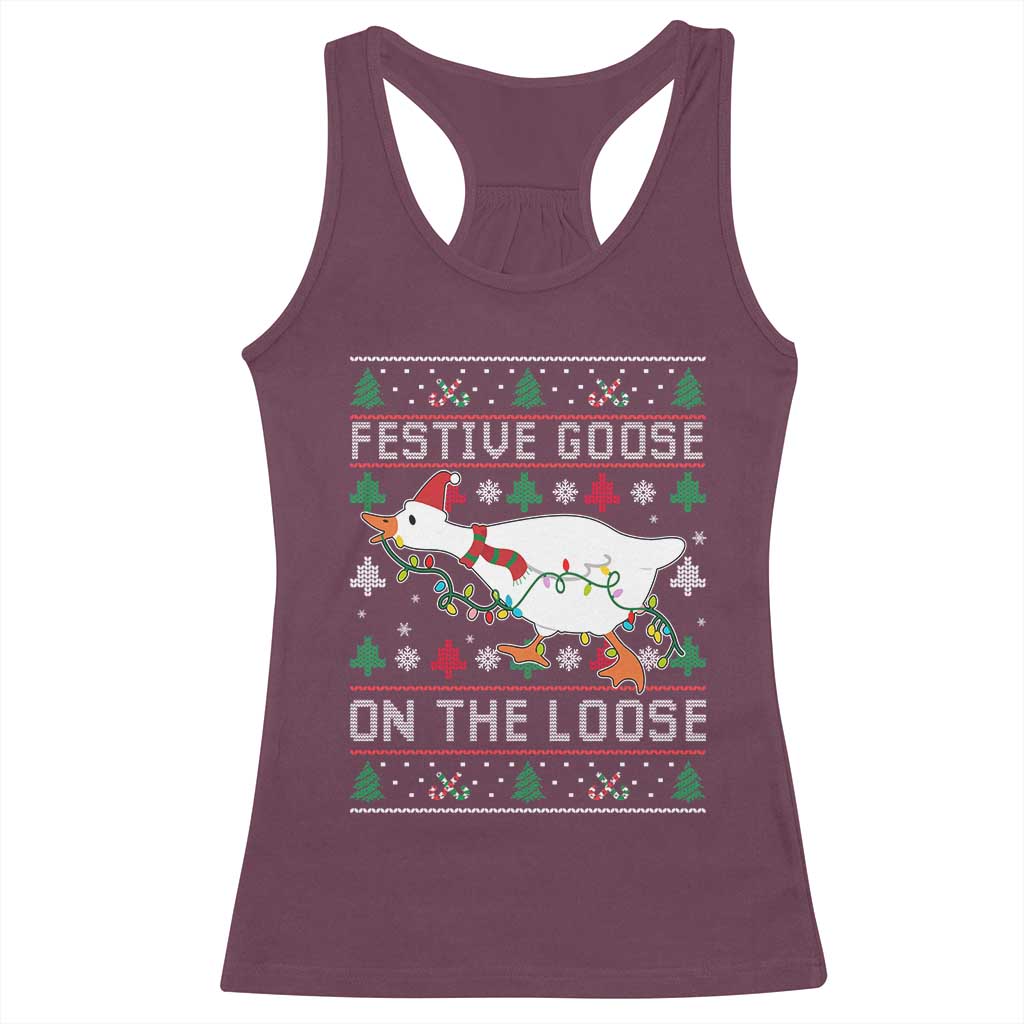 Funny Goose Ugly Christmas Racerback Tank Top Festive Goose On The Loose - Wonder Print Shop