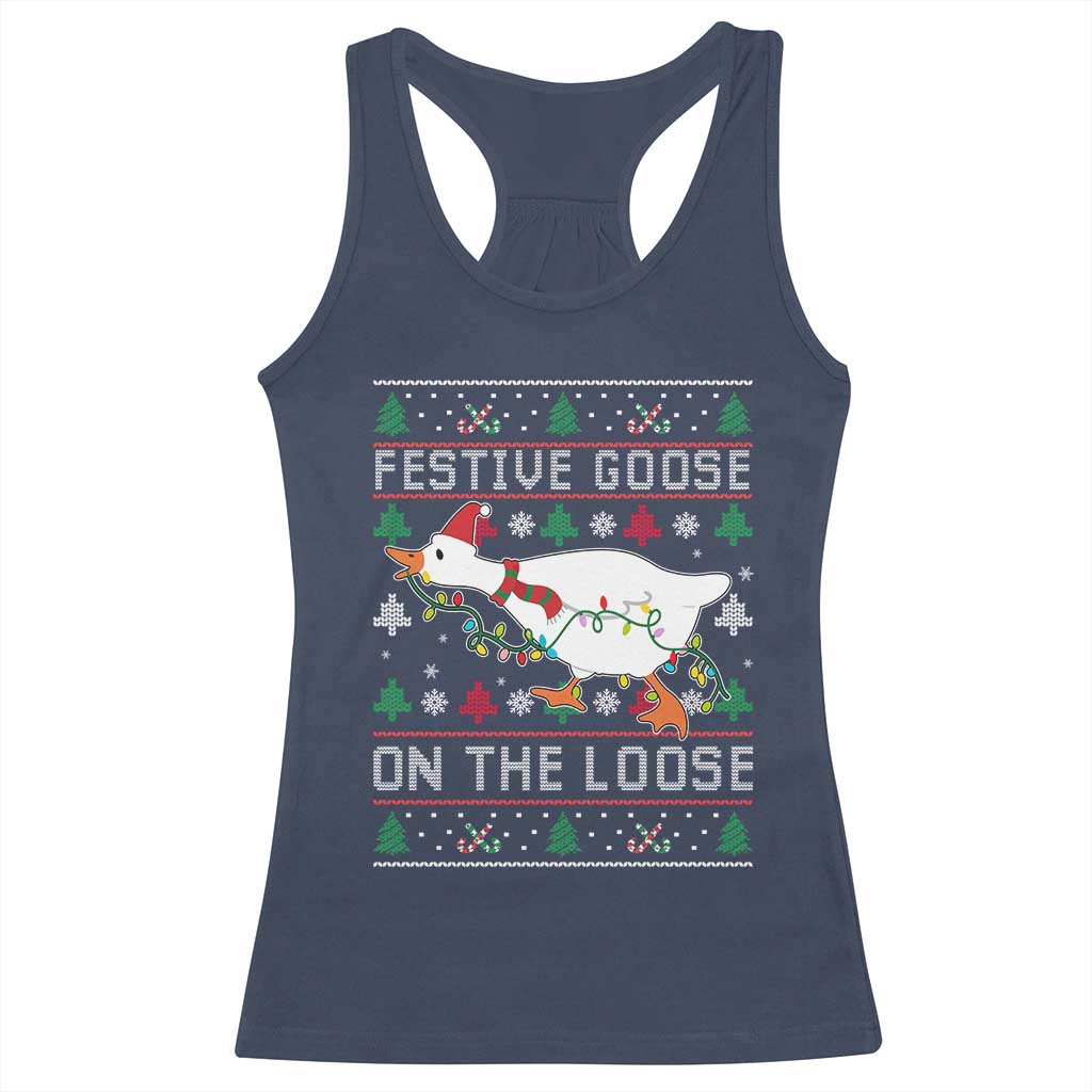Funny Goose Ugly Christmas Racerback Tank Top Festive Goose On The Loose - Wonder Print Shop