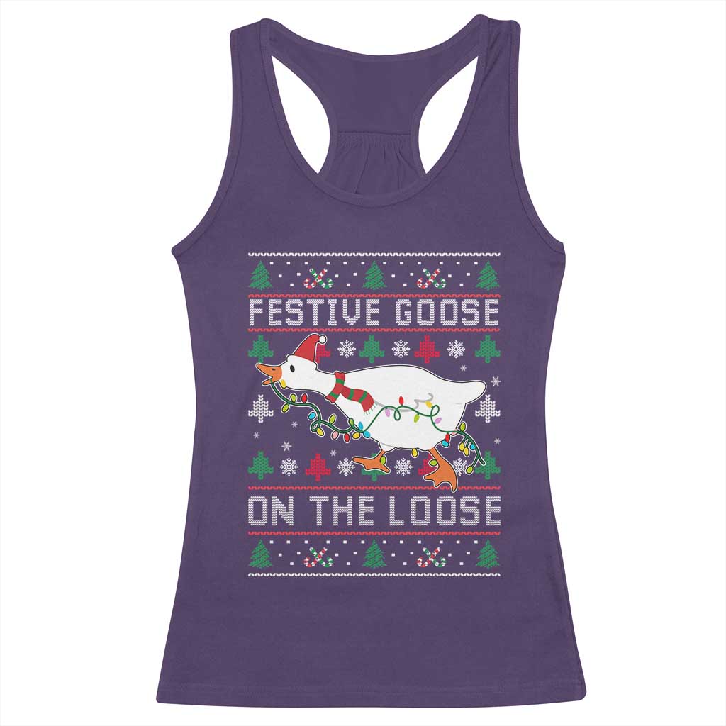 Funny Goose Ugly Christmas Racerback Tank Top Festive Goose On The Loose - Wonder Print Shop