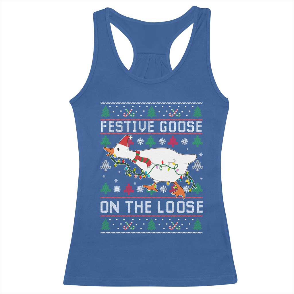 Funny Goose Ugly Christmas Racerback Tank Top Festive Goose On The Loose - Wonder Print Shop