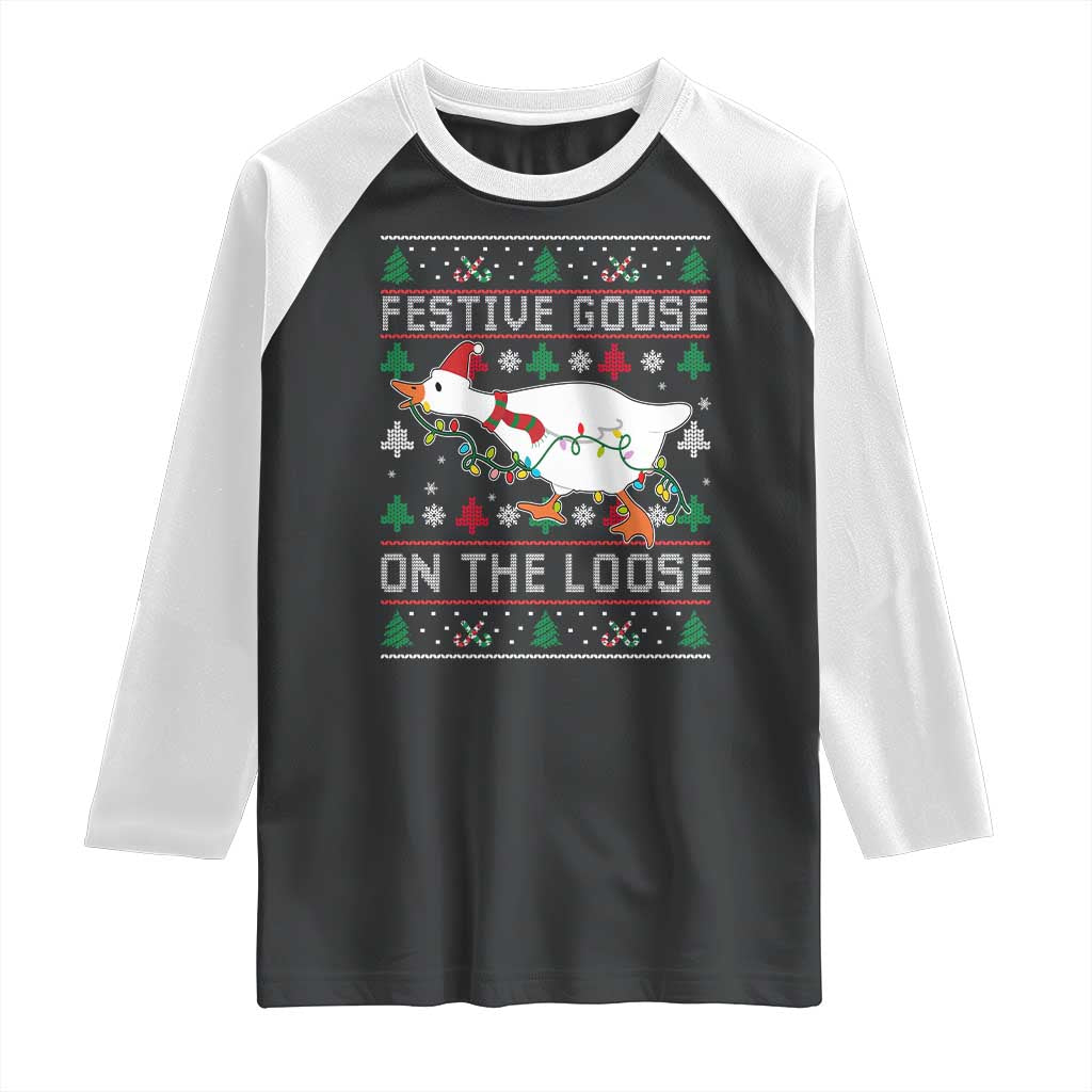 Funny Goose Ugly Christmas Raglan Shirt Festive Goose On The Loose - Wonder Print Shop