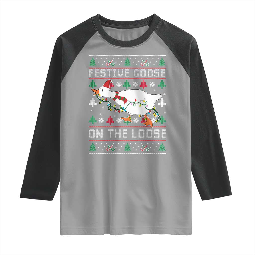Funny Goose Ugly Christmas Raglan Shirt Festive Goose On The Loose - Wonder Print Shop