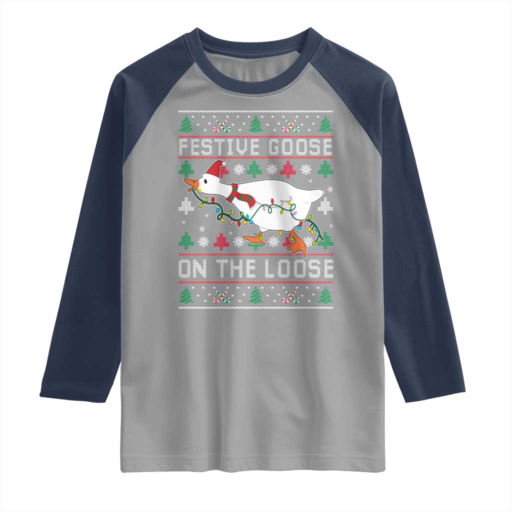 Funny Goose Ugly Christmas Raglan Shirt Festive Goose On The Loose - Wonder Print Shop