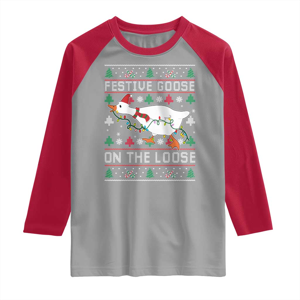 Funny Goose Ugly Christmas Raglan Shirt Festive Goose On The Loose - Wonder Print Shop