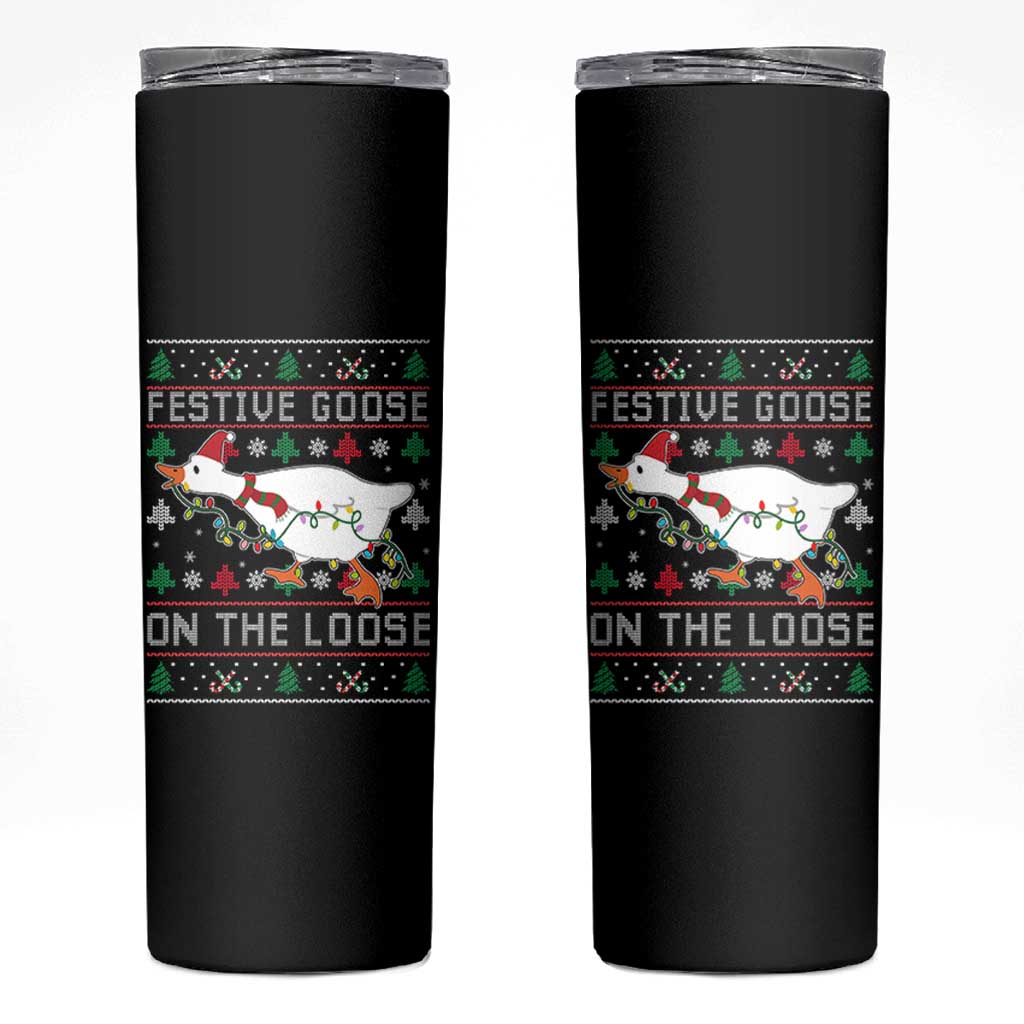 Funny Goose Ugly Christmas Skinny Tumbler Festive Goose On The Loose - Wonder Print Shop