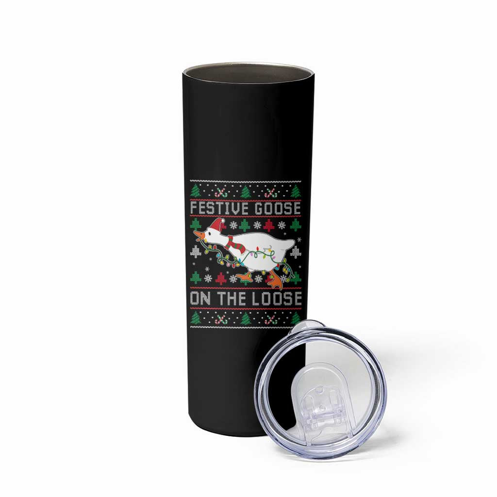 Funny Goose Ugly Christmas Skinny Tumbler Festive Goose On The Loose - Wonder Print Shop