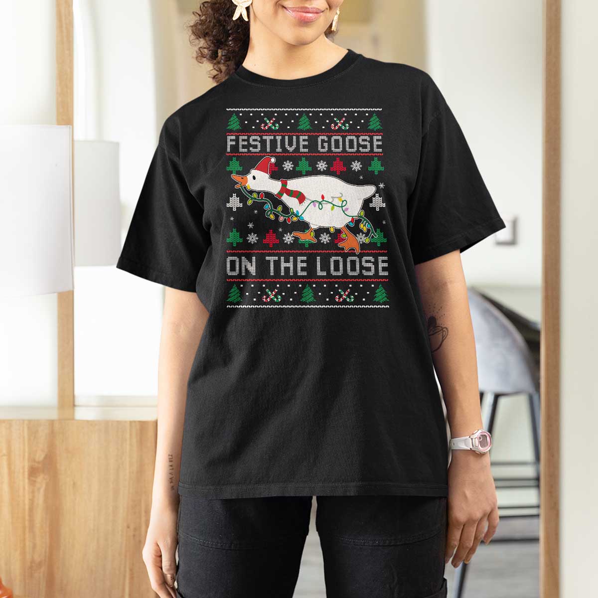 Funny Goose Ugly Christmas T Shirt For Women Festive Goose On The Loose - Wonder Print Shop
