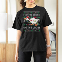 Funny Goose Ugly Christmas T Shirt For Women Festive Goose On The Loose - Wonder Print Shop
