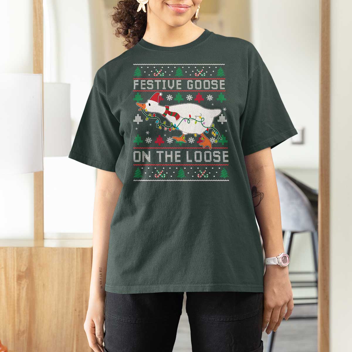 Funny Goose Ugly Christmas T Shirt For Women Festive Goose On The Loose - Wonder Print Shop