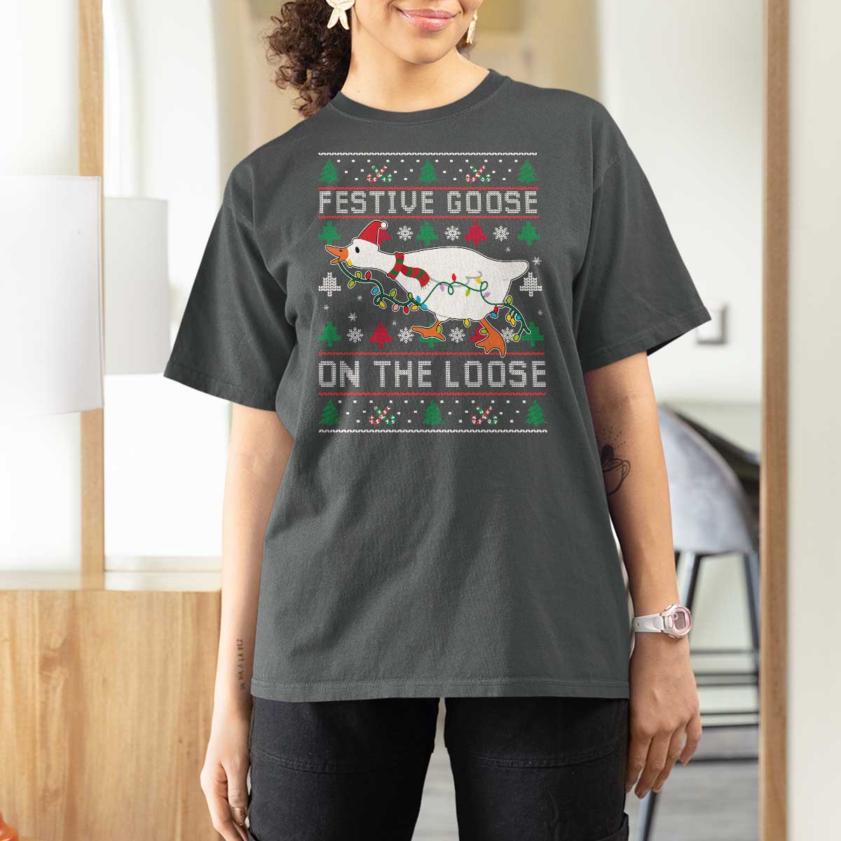 Funny Goose Ugly Christmas T Shirt For Women Festive Goose On The Loose - Wonder Print Shop