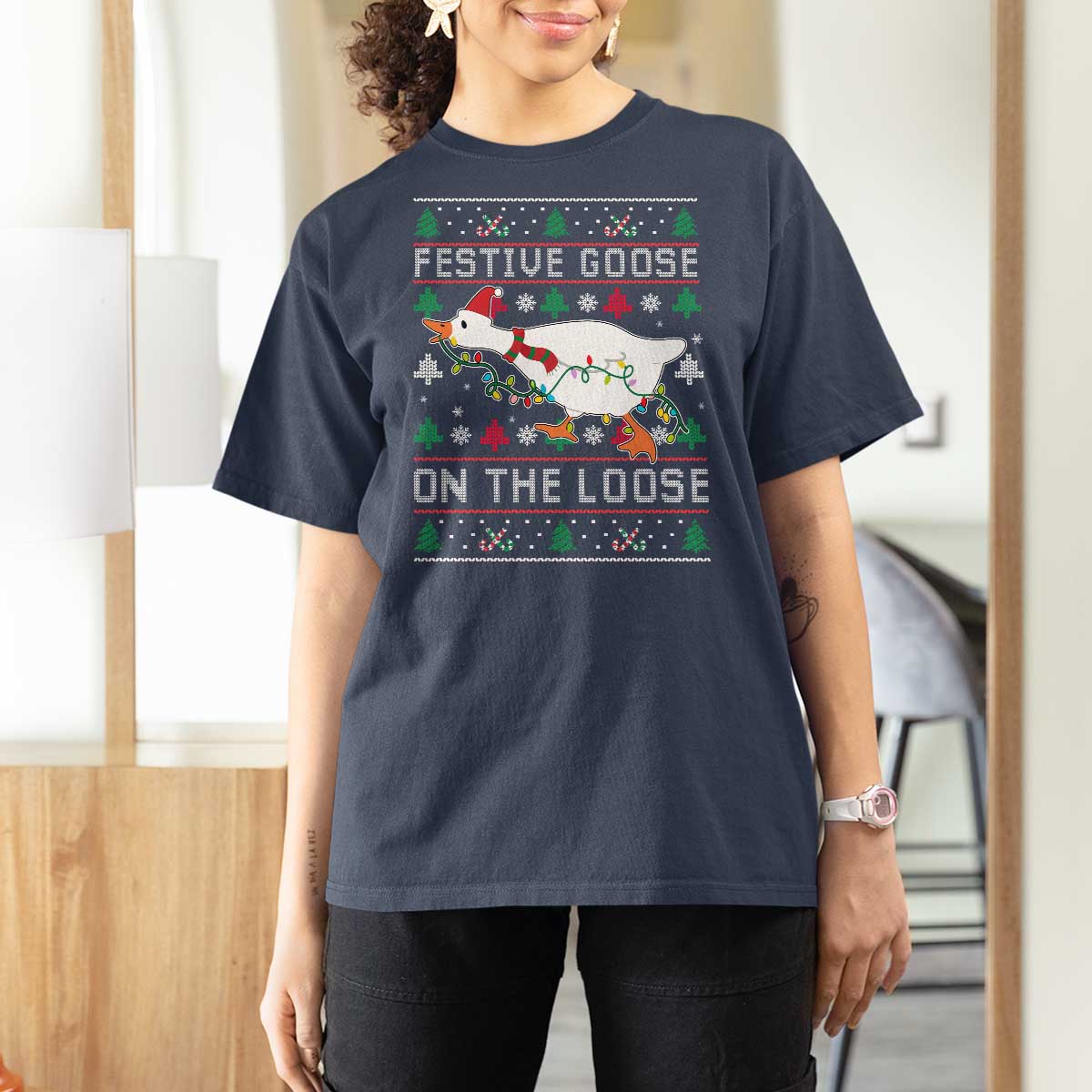 Funny Goose Ugly Christmas T Shirt For Women Festive Goose On The Loose - Wonder Print Shop