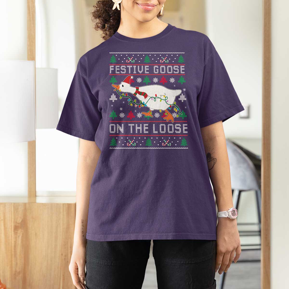 Funny Goose Ugly Christmas T Shirt For Women Festive Goose On The Loose - Wonder Print Shop