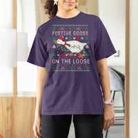 Funny Goose Ugly Christmas T Shirt For Women Festive Goose On The Loose - Wonder Print Shop