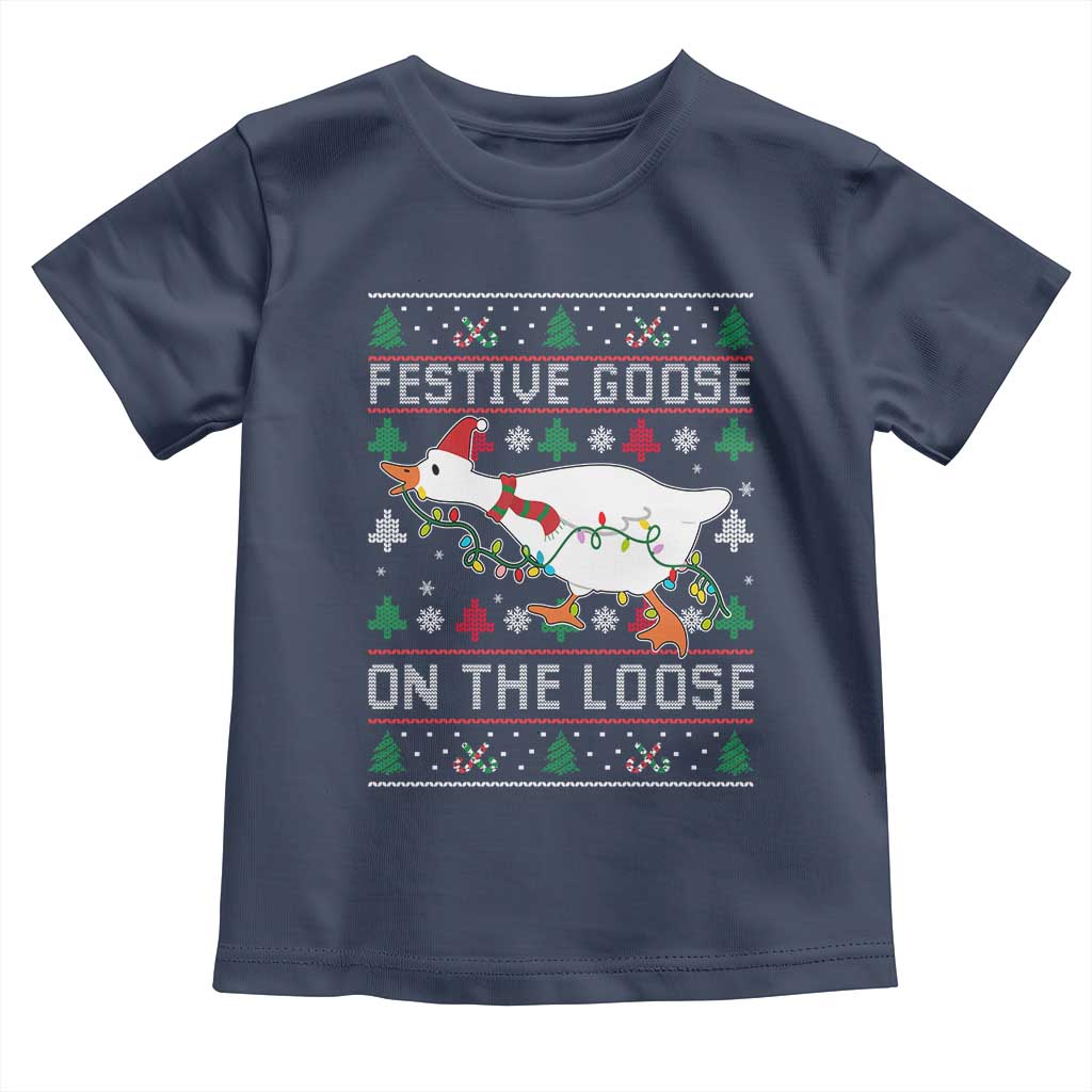 Funny Goose Ugly Christmas Toddler T Shirt Festive Goose On The Loose - Wonder Print Shop