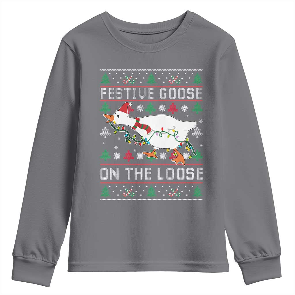 Funny Goose Ugly Christmas Youth Sweatshirt Festive Goose On The Loose - Wonder Print Shop