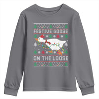Funny Goose Ugly Christmas Youth Sweatshirt Festive Goose On The Loose - Wonder Print Shop