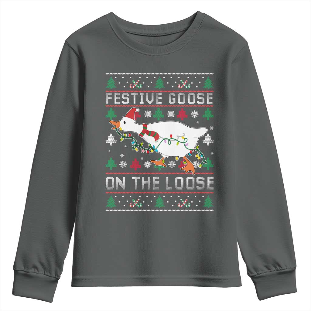 Funny Goose Ugly Christmas Youth Sweatshirt Festive Goose On The Loose - Wonder Print Shop