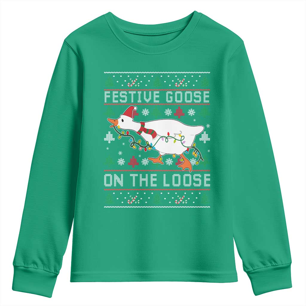 Funny Goose Ugly Christmas Youth Sweatshirt Festive Goose On The Loose - Wonder Print Shop